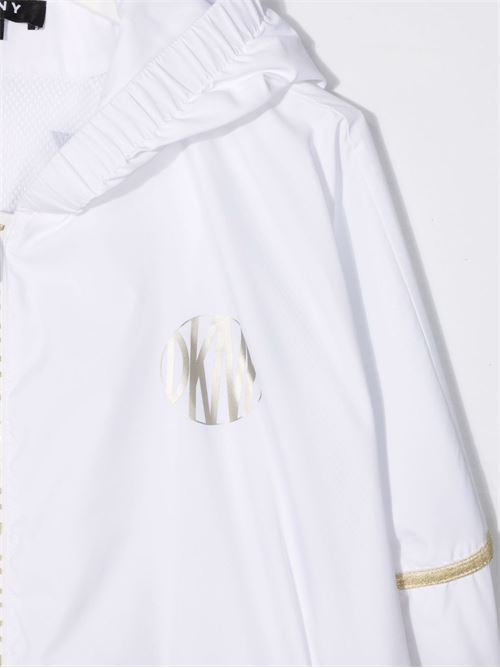 Giacca k-way bambina bianca con cappuccio e dettagli in oro DKNY KIDS | D3665410BT